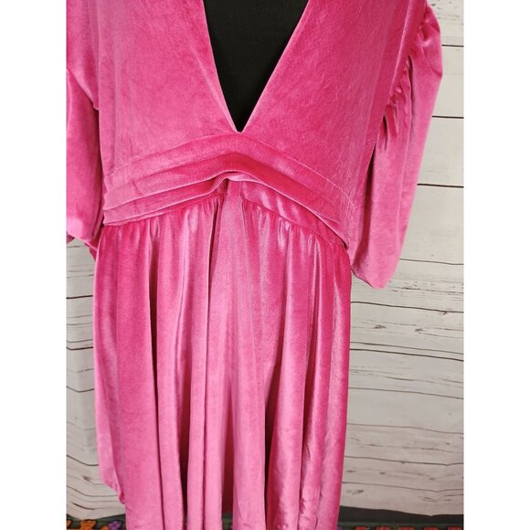 Plus Size Boohoo Velour Plunge Puff Sleeve‎ Skater Dress Hot Pink size 18 - Picture 8 of 12